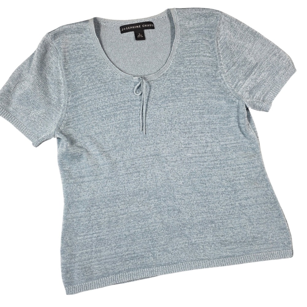 Vintage Knit Sweater Top Blue Short Sleeve Tie Large Preppy Romantic Coquette